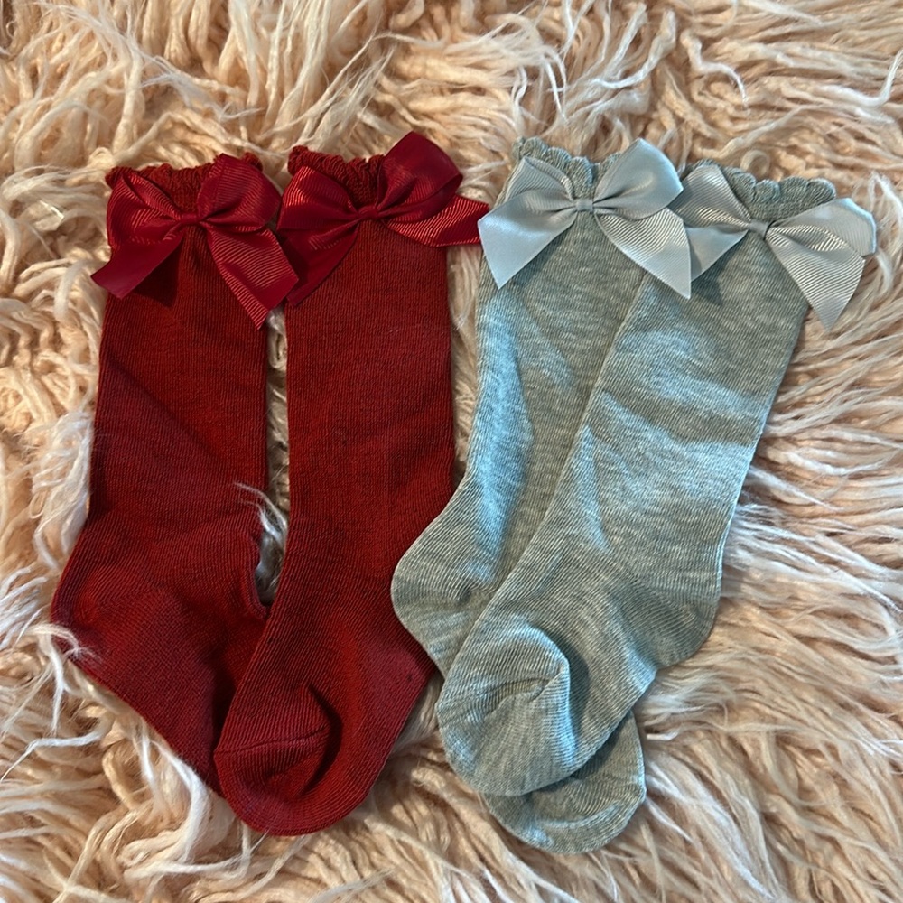 Set of 2 Girls’ Knee-High Bow Socks – Red & Gray –Baby & Toddler Sizes Available